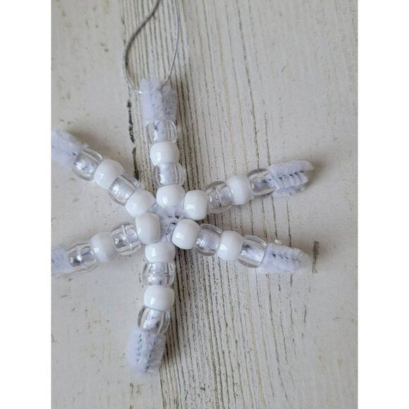 Handmade white bead snowflake ornament Xmas decor - Picture 2 of 5